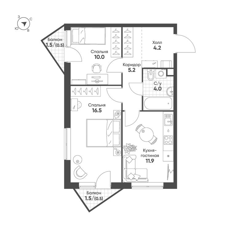 2-BD Apartment Sale, 52.8 sq. m. at Sokolinn Park, 3rd Grazhdanskaya Street, 1, Moscow, Russia #1