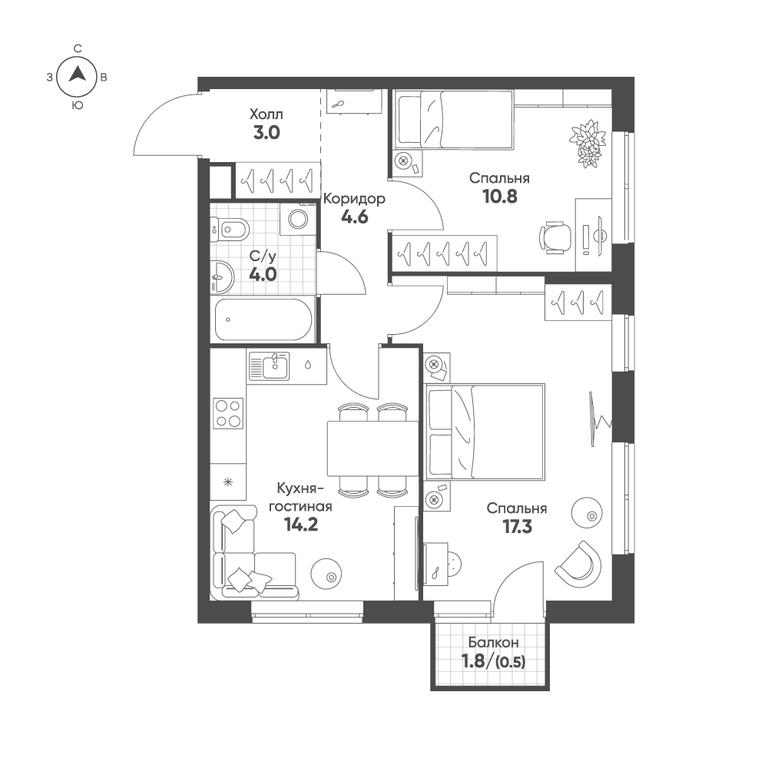 2-BD Apartment Sale, 54.4 sq. m. at Sokolinn Park, 3rd Grazhdanskaya Street, 1, Moscow, Russia #1