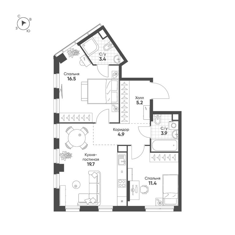 2-BD Apartment Sale, 63.3 sq. m. at Sokolinn Park, 3rd Grazhdanskaya Street, 1, Moscow, Russia #1