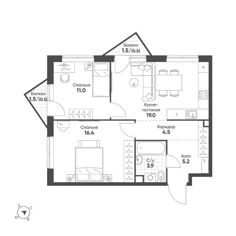 2-BD Apartment Sale, 61 sq. m. at Sokolinn Park, 3rd Grazhdanskaya Street, 1, Moscow, Russia #1