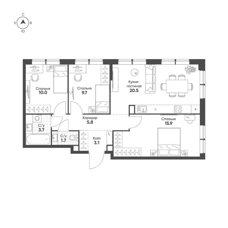 3-BD Apartment Sale, 70.4 sq. m. at Sokolinn Park, 3rd Grazhdanskaya Street, 1, Moscow, Russia #1