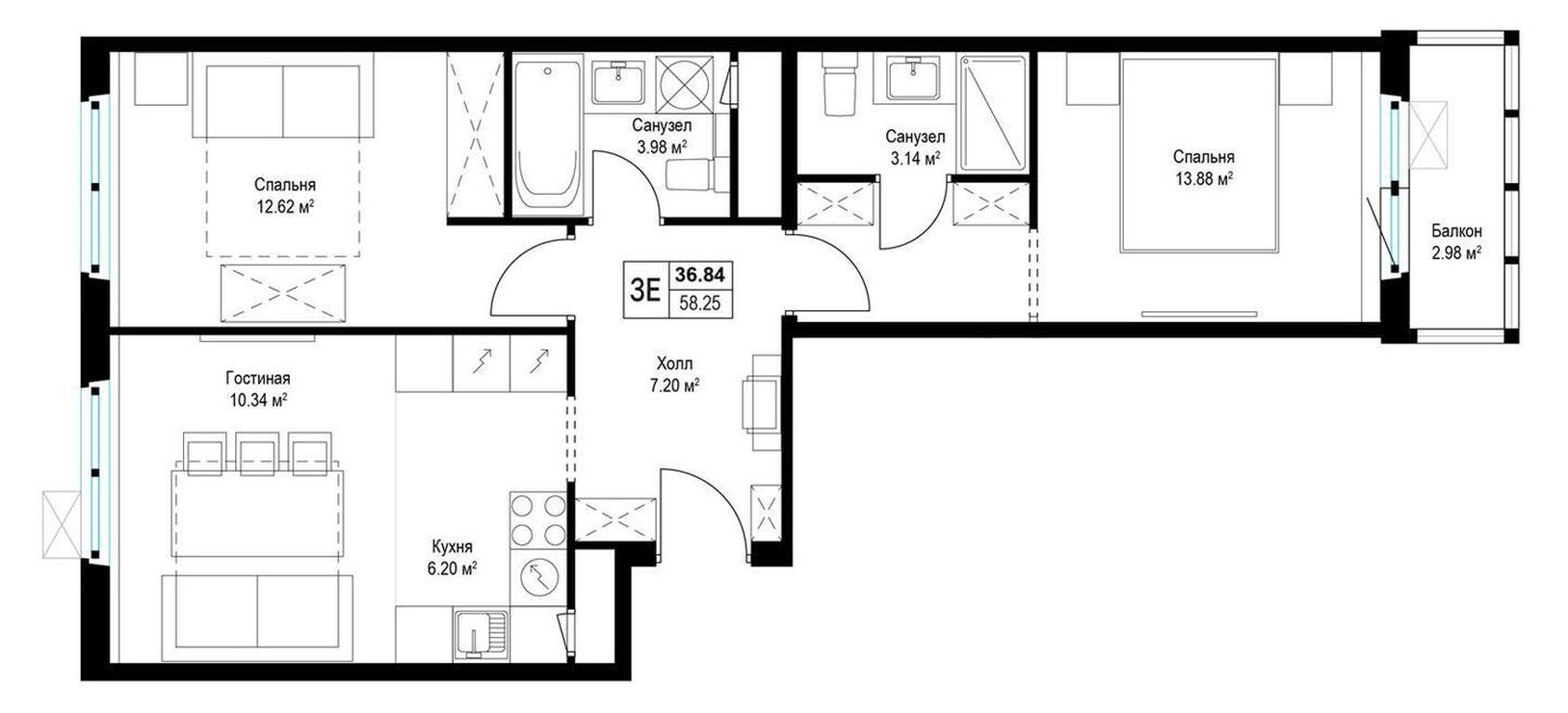 2-BD Apartment Sale, 58.2平方米 at Eko Vidnoe 2.0, kvartal Tsentralny, 1, Kupelinka Subdistrict, derevnya Sapronovo, Leninskiy City District, Moscow Region, Russia #1 2-BD Apartment Sale, 58.2平方米 at Eko Vidnoe 2.0, kvartal Tsentralny, 1, Kupelinka Subdistrict, derevnya Sapronovo, Leninskiy City District, Moscow Region, Russia #1