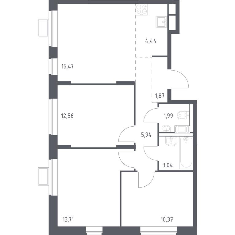 3-BD Apartment Sale, 70.39 sq. m. at Pribrezhnyi Park, Pribrezhniy Park Residential Complex, Village of Yam, Domodedovo City District, Moscow Region, Russia #1