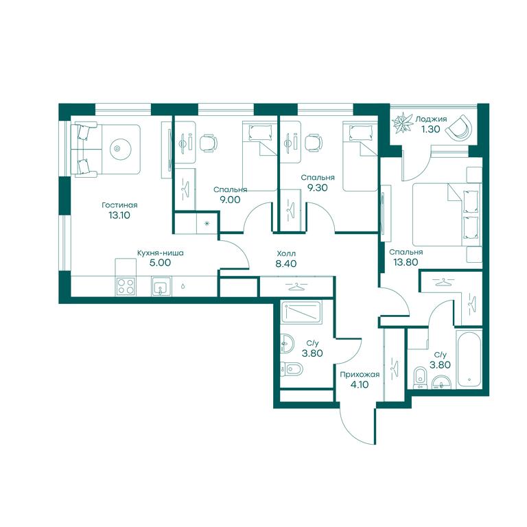 3-BD Apartment Sale, 69.3平方米 at Ravnovesie, zhiloy kompleks Ravnovesiye, selo Perkhushkovo, Odintsovskiy City District, Moscow Region, Russia #1