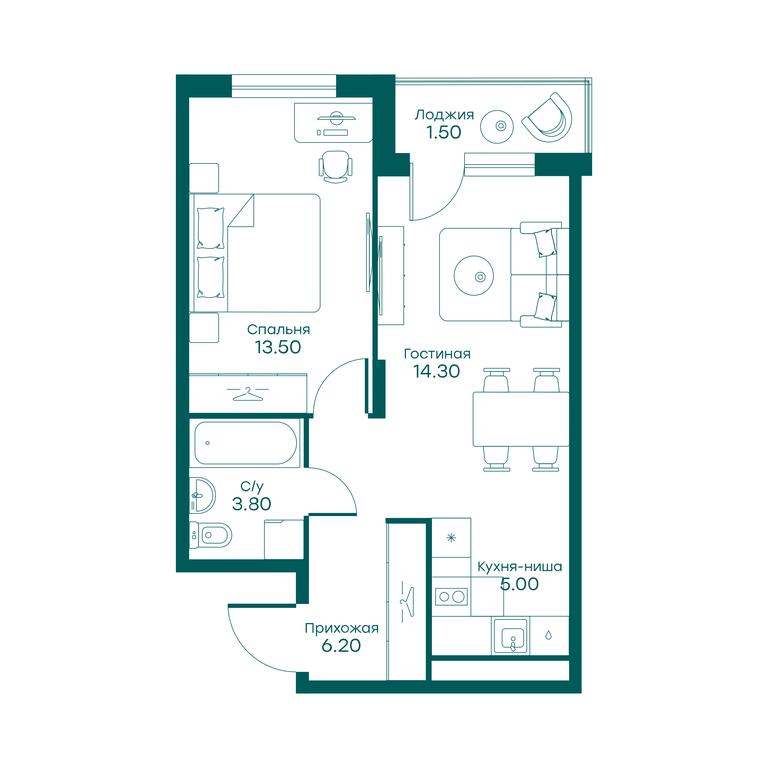 1-BD Apartment Sale, 42.5 sq. m. at Ravnovesie, zhiloy kompleks Ravnovesiye, selo Perkhushkovo, Odintsovskiy City District, Moscow Region, Russia #1