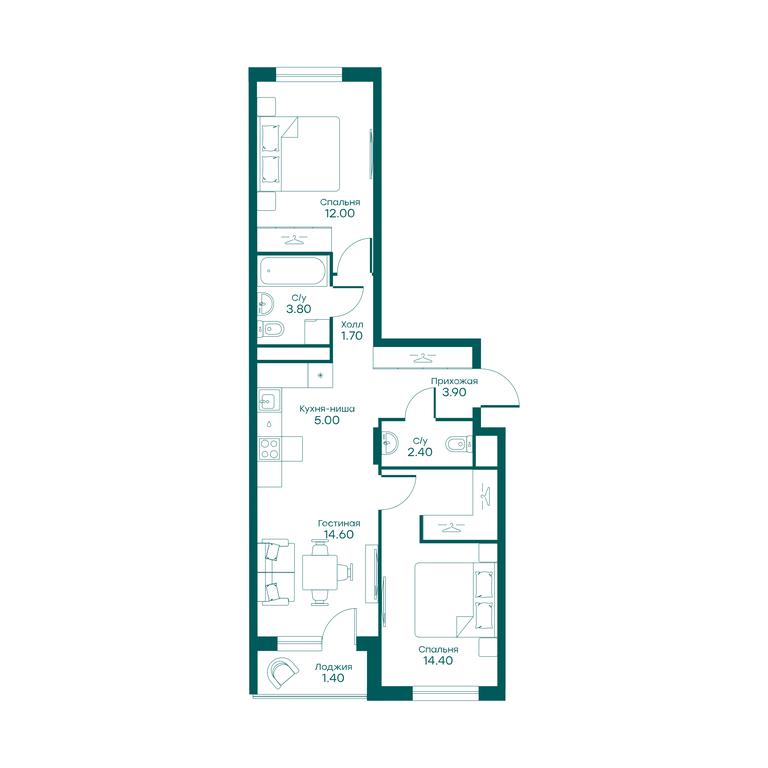 2-BD Apartment Sale, 57.2平方米 at Ravnovesie, zhiloy kompleks Ravnovesiye, selo Perkhushkovo, Odintsovskiy City District, Moscow Region, Russia #1