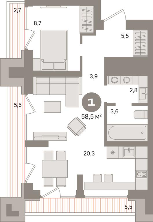 1-BD Apartment Sale, 58.5平方米 at Kvartal Izdanie, Perovskoye Highway, Moscow, Russia #1