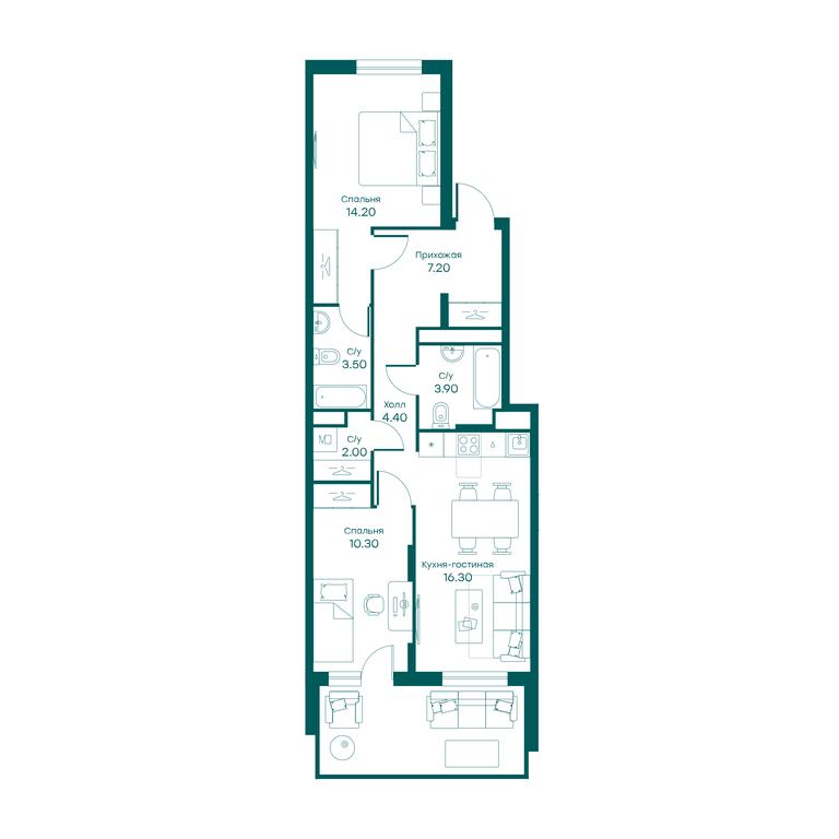 2-BD Apartment Sale, 61.8 sq. m. at Ravnovesie, zhiloy kompleks Ravnovesiye, selo Perkhushkovo, Odintsovskiy City District, Moscow Region, Russia #1