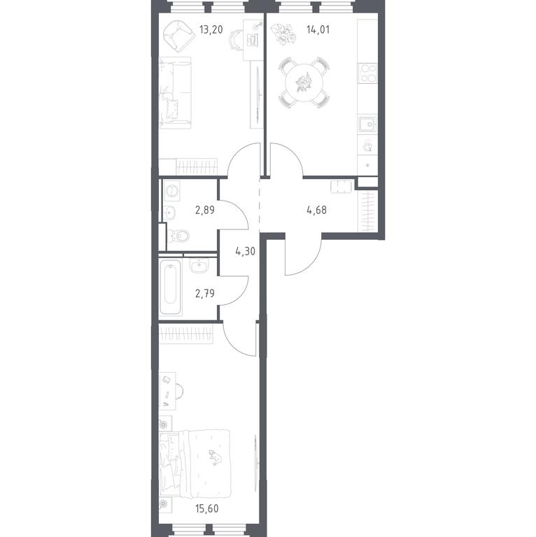 1-BD Apartment Sale, 57.47平方米 at Kosmicheskiy kvartal, M.K. Tikhonravova Street, Yubileyniy Microdistrict, Korolyov, Moscow Region, Russia #1