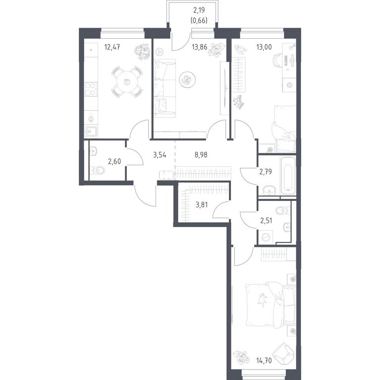 2-BD Apartment Sale, 78.92 sq. m. at Novoe Vidnoe, Kalinovka Village, Leninskiy City District, Moscow Region, Russia #1