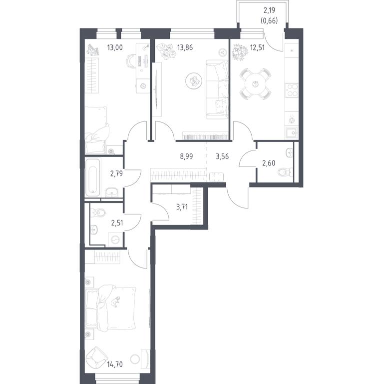 2-BD Apartment Sale, 78.89平方米 at Novoe Vidnoe, Kalinovka Village, Leninskiy City District, Moscow Region, Russia #1