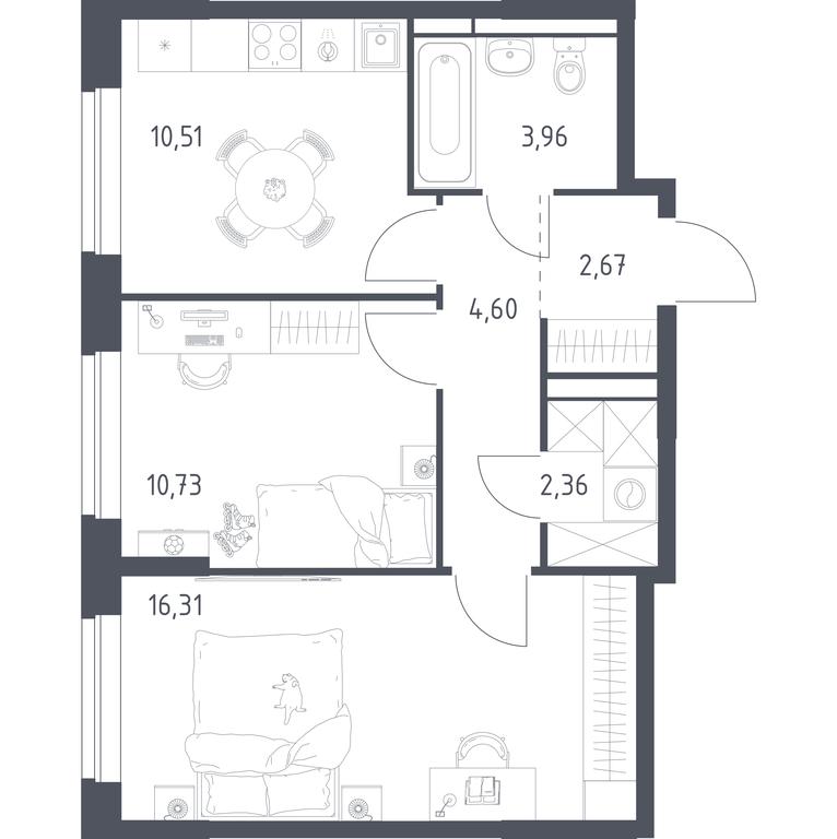 1-BD Apartment Sale, 51.14 sq. m. at Novoe Vidnoe, Kalinovka Village, Leninskiy City District, Moscow Region, Russia #1