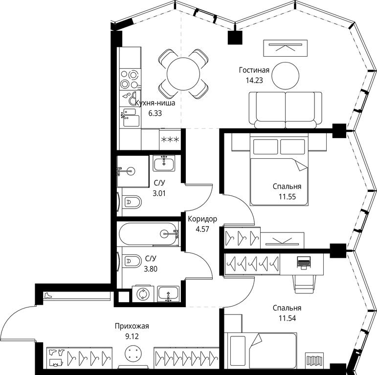 2-BD Apartment Sale, 64.15平方米 at MIRA, Mira Avenue, Moscow, Russia #1