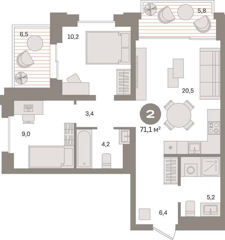 2-BD Apartment Sale, 71.1平方米 at Kvartal «MONS», Ogorodny Drive, Moscow, Russia #1