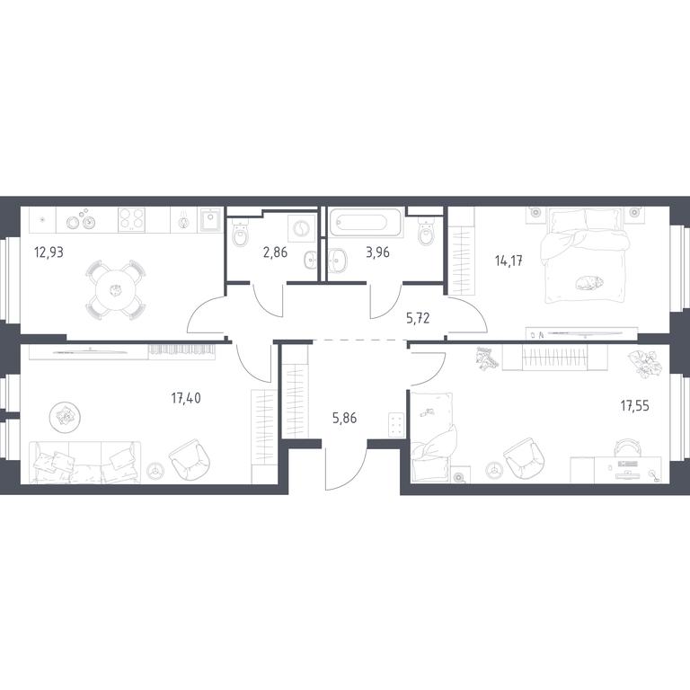 2-BD Apartment Sale, 80.45平方米 at Novoe Vidnoe, Kalinovka Village, Leninskiy City District, Moscow Region, Russia #1