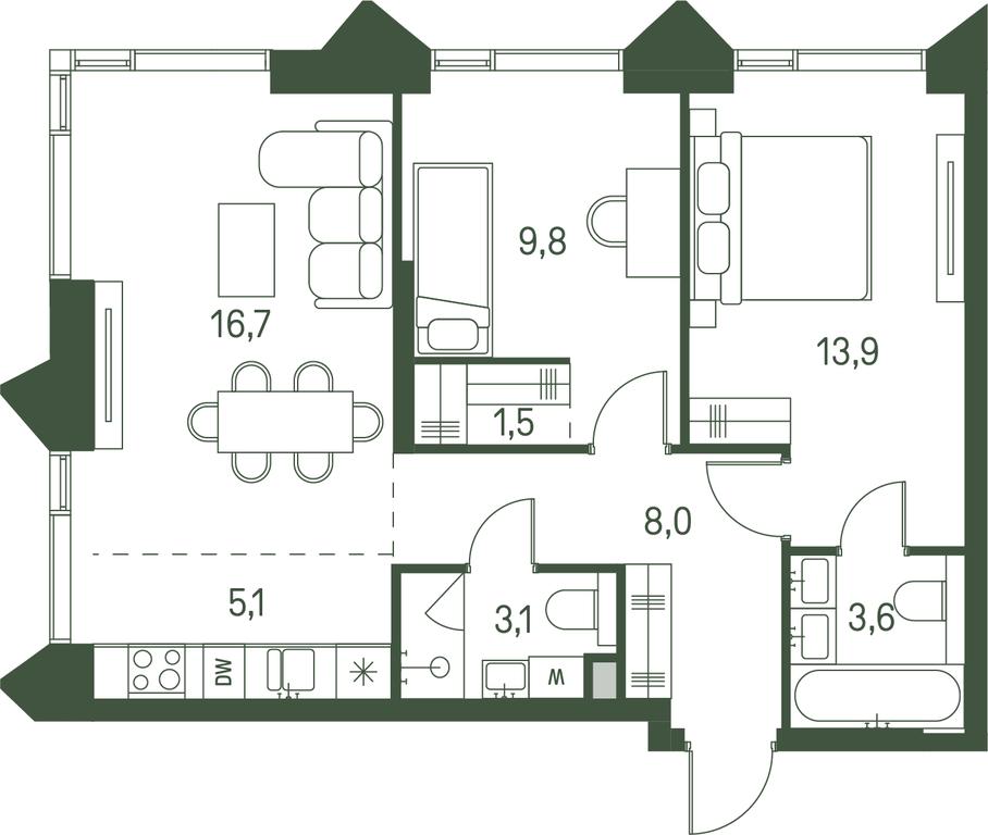 2-BD Apartment Sale, 61.7 sq. m. at Moments, Volokolamskoye Highway, 28, Moscow, Russia #1