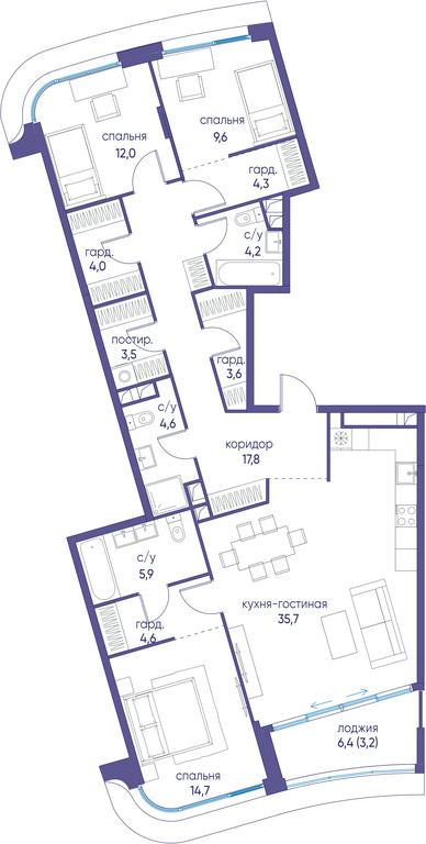 3-BD Apartment Sale, 127.9 sq. m. at Ostrov, Nizhnye Mnyovniki Street, 37Ас4, Moscow, Russia #1