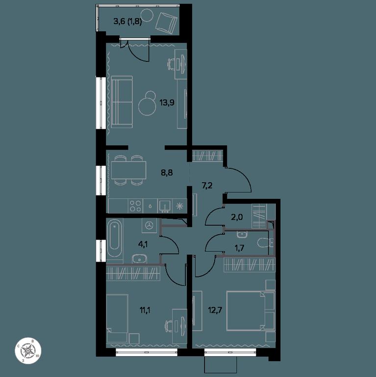 3-BD Apartment Sale, 63.3 sq. m. at Yzhnaya Bitsa, Yuzhnaya Bitsa Residential Complex, posyolok Bittsa, Leninskiy City District, Moscow Region, Russia #1