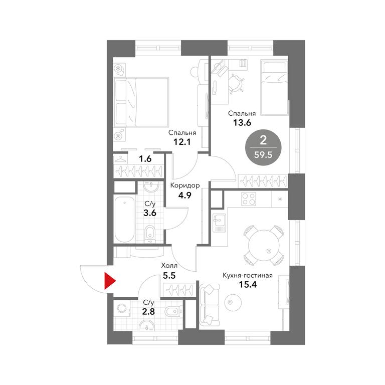 2-BD Apartment Sale, 59.8平方米 at Voxhall, Letnikovskaya Street, 4с2, Moscow, Russia #1