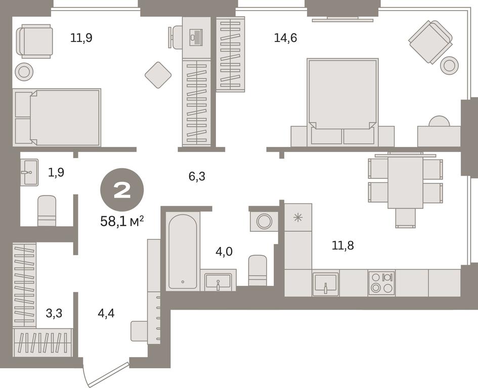 2-BD Apartment Sale, 58.1平方米 at Kvartal Gercena, zhiloy kompleks Kvartal Gertsena, Moscow, Russia #1