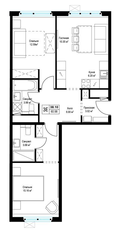 2-BD Apartment Sale, 61平方米 at Eko Vidnoe 2.0, kvartal Tsentralny, 1, Kupelinka Subdistrict, derevnya Sapronovo, Leninskiy City District, Moscow Region, Russia #1