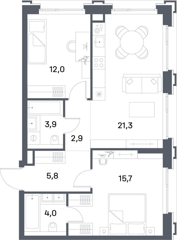2-BD Apartment Sale, 65.6平方米 at Portland, Yuzhnoportovaya Street, 42с5, Moscow, Russia #2