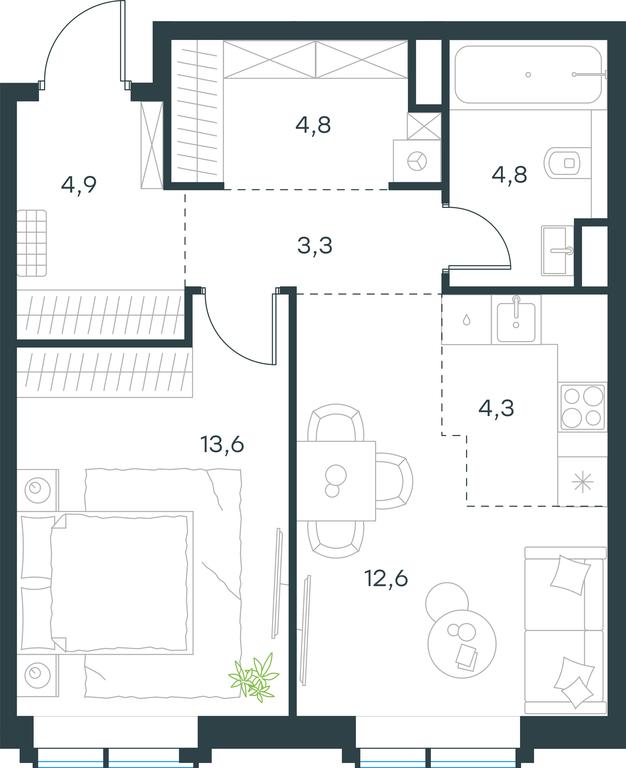 1-BD Apartment Sale, 48.3平方米 at Paveletskaya City, Dubininskaya Street, 59, Moscow, Russia #1