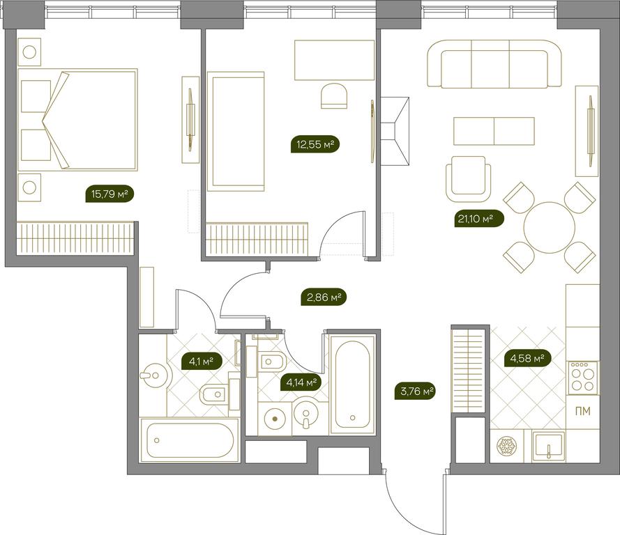 1-BD Apartment Sale, 69.6平方米 at West Garden, Minskaya Street, 1Вс1, Moscow, Russia #1