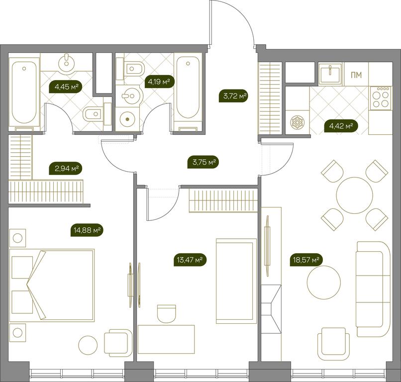 1-BD Apartment Sale, 71 sq. m. at West Garden, Minskaya Street, 1Вс1, Moscow, Russia #1