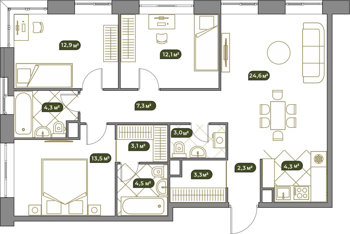 2-BD Apartment Sale, 95.8平方米 at West Garden, Minskaya Street, 1Вс1, Moscow, Russia #1