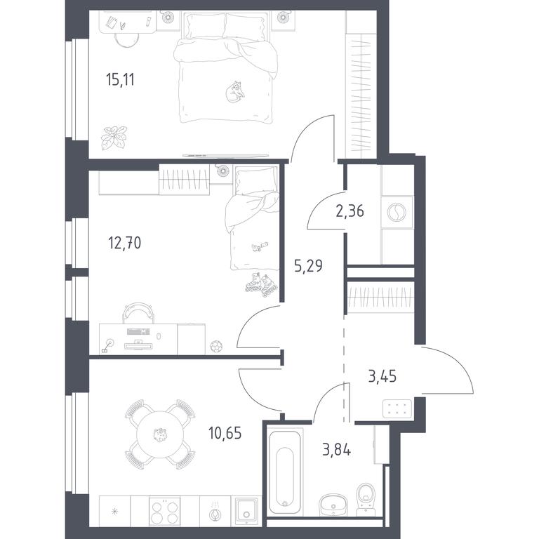 1-BD Apartment Sale, 53.4平方米 at Novoe Vidnoe, Kalinovka Village, Leninskiy City District, Moscow Region, Russia #1