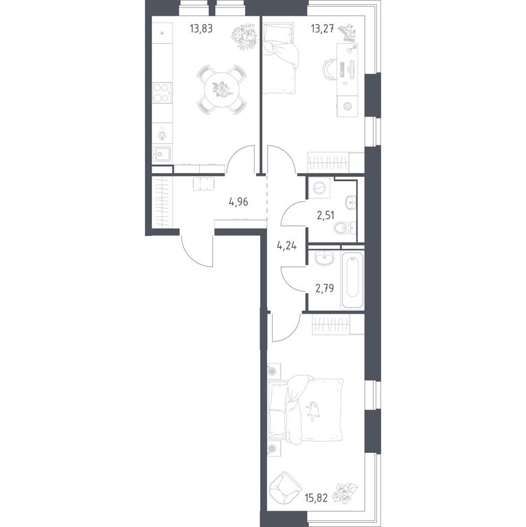 1-BD Apartment Sale, 57.42平方米 at Novoe Vidnoe, Kalinovka Village, Leninskiy City District, Moscow Region, Russia #1