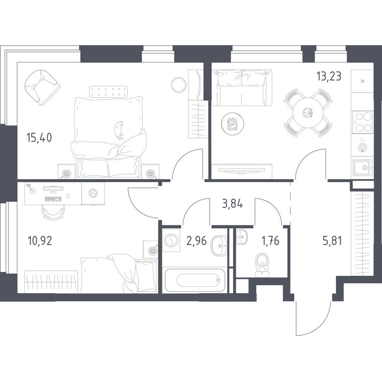 1-BD Apartment Sale, 53.92平方米 at Novoe Vidnoe, Kalinovka Village, Leninskiy City District, Moscow Region, Russia #1