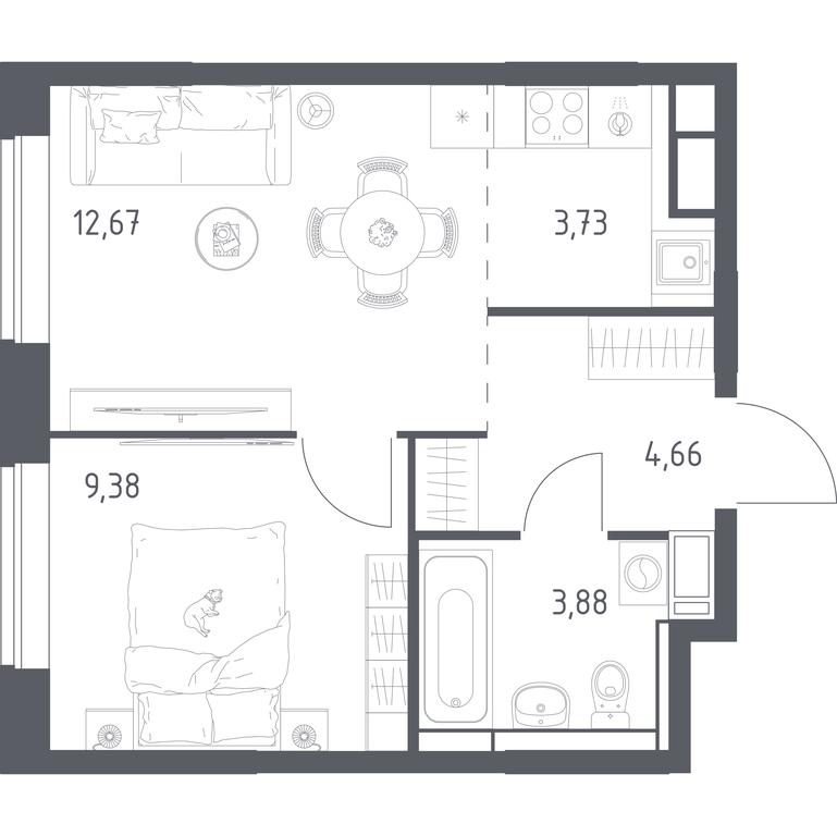 Apartment Sale, 33.9 sq. m. at Pribrezhnyi Park, Pribrezhniy Park Residential Complex, Village of Yam, Domodedovo City District, Moscow Region, Russia #1