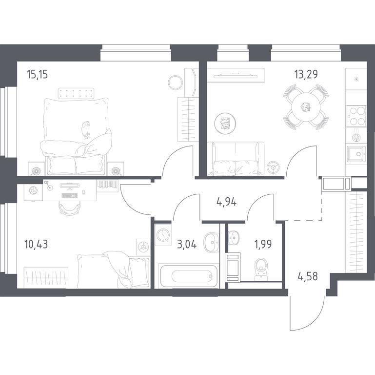 1-BD Apartment Sale, 52.5 sq. m. at Pribrezhnyi Park, Pribrezhniy Park Residential Complex, Village of Yam, Domodedovo City District, Moscow Region, Russia #1