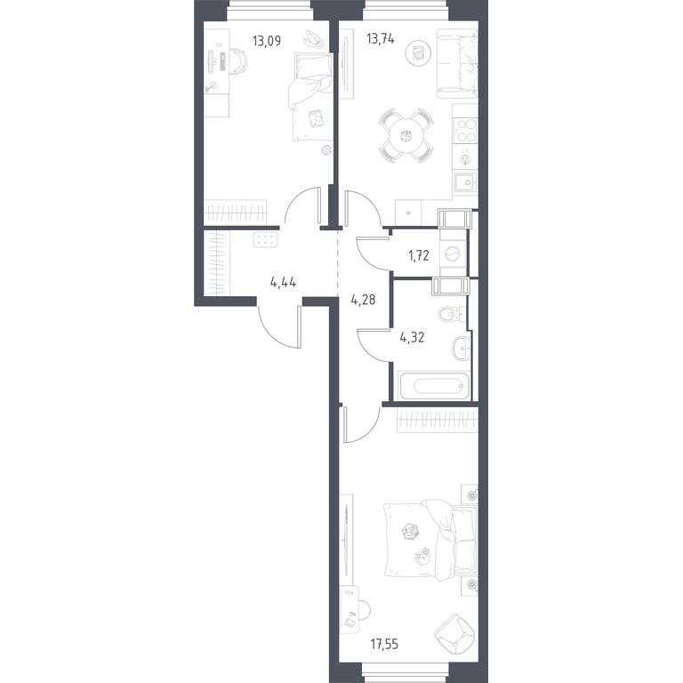 1-BD Apartment Sale, 58.1平方米 at Pribrezhnyi Park, Pribrezhniy Park Residential Complex, Village of Yam, Domodedovo City District, Moscow Region, Russia #1