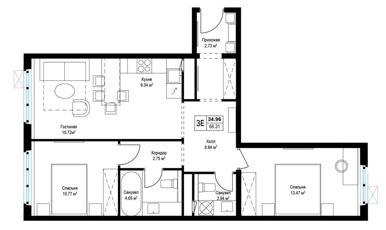 2-BD Apartment Sale, 65.6 sq. m. at Eko Vidnoe 2.0, kvartal Tsentralny, 1, Kupelinka Subdistrict, derevnya Sapronovo, Leninskiy City District, Moscow Region, Russia #1