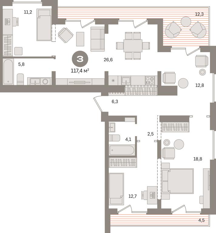 3-BD Apartment Sale, 117.4平方米 at Pervy kvartal, Kalinovaya ulitsa, derevnya Sapronovo, Leninskiy City District, Moscow Region, Russia #1