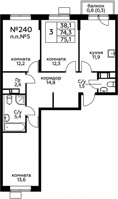2-BD Apartment Sale, 75.1平方米 at Tsvetochnye Poliany, kvartal № 23, Filimonkovskoye Municipal Formation, Moscow, Russia #1