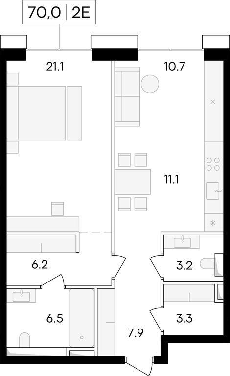 1-BD Apartment Sale, 70.7 sq. m. at Life Time, Sergeya Makeyeva Street, вл11/9с1-10, Moscow, Russia #1