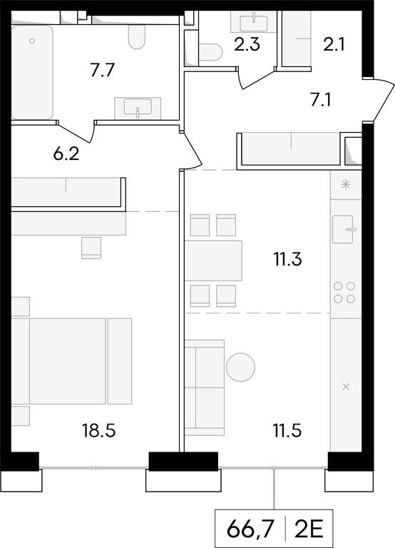 1-BD Apartment Sale, 67.4 sq. m. at Life Time, Sergeya Makeyeva Street, вл11/9с1-10, Moscow, Russia #1