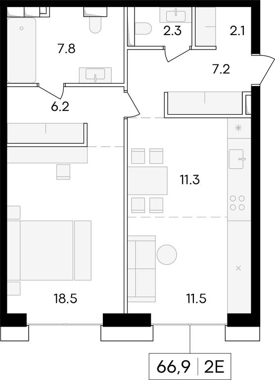 1-BD Apartment Sale, 67.5 sq. m. at Life Time, Sergeya Makeyeva Street, вл11/9с1-10, Moscow, Russia #1