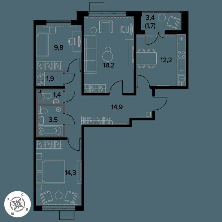 3-BD Apartment Sale, 77.9 sq. m. at Pervy Donskoj, zhiloy mikrorayon Sapronovo, derevnya Sapronovo, Leninskiy City District, Moscow Region, Russia #1