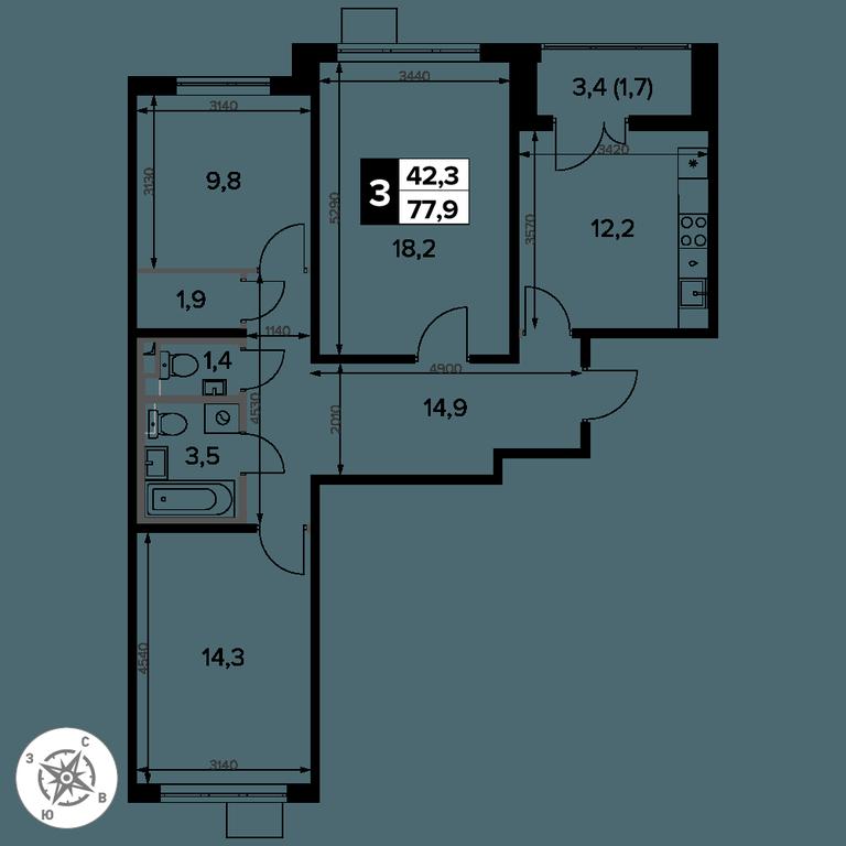 3-BD Apartment Sale, 77.9 sq. m. at Pervy Donskoj, zhiloy mikrorayon Sapronovo, derevnya Sapronovo, Leninskiy City District, Moscow Region, Russia #2