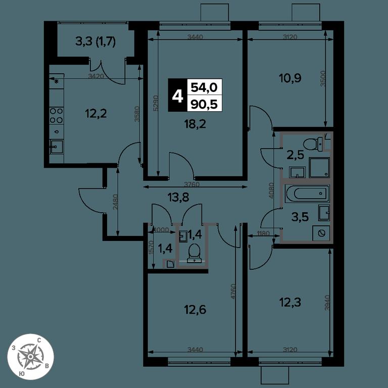 4-BD Apartment Sale, 90.5平方米 at Pervy Donskoj, zhiloy mikrorayon Sapronovo, derevnya Sapronovo, Leninskiy City District, Moscow Region, Russia #2