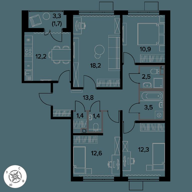 4-BD Apartment Sale, 90.5平方米 at Pervy Donskoj, zhiloy mikrorayon Sapronovo, derevnya Sapronovo, Leninskiy City District, Moscow Region, Russia #1