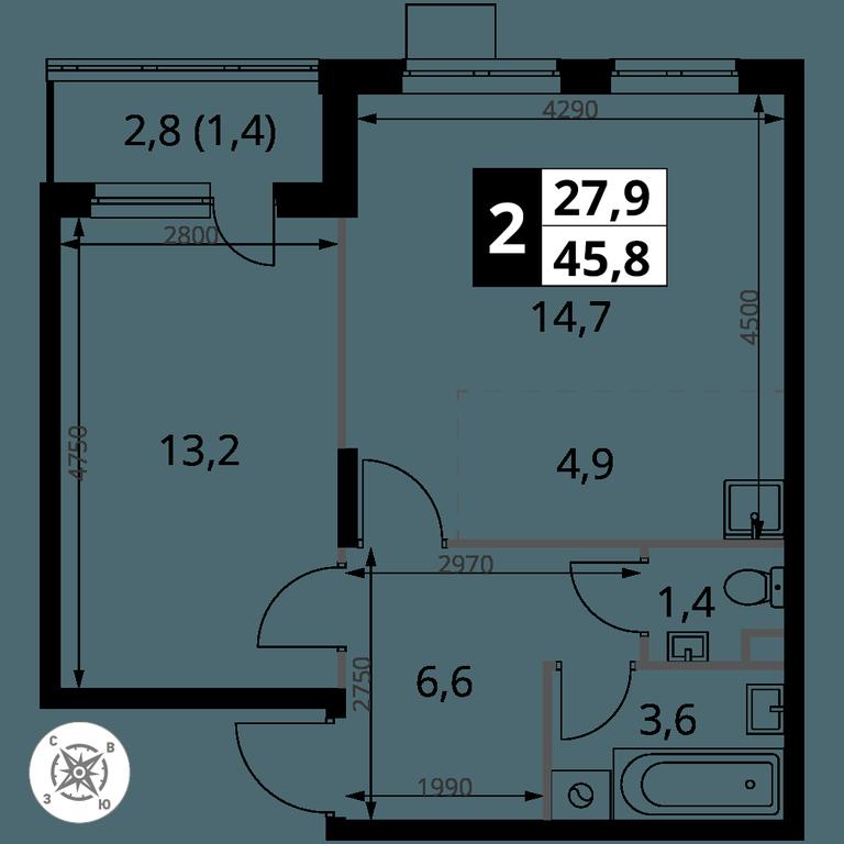 2-BD Apartment Sale, 45.8 sq. m. at Pervy Donskoj, zhiloy mikrorayon Sapronovo, derevnya Sapronovo, Leninskiy City District, Moscow Region, Russia #2