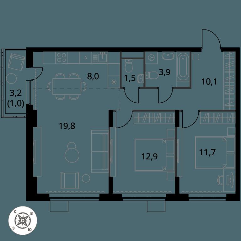 3-BD Apartment Sale, 68.9 sq. m. at Pervy Donskoj, zhiloy mikrorayon Sapronovo, derevnya Sapronovo, Leninskiy City District, Moscow Region, Russia #1