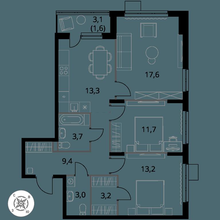 3-BD Apartment Sale, 76.7 sq. m. at Pervy Donskoj, zhiloy mikrorayon Sapronovo, derevnya Sapronovo, Leninskiy City District, Moscow Region, Russia #1