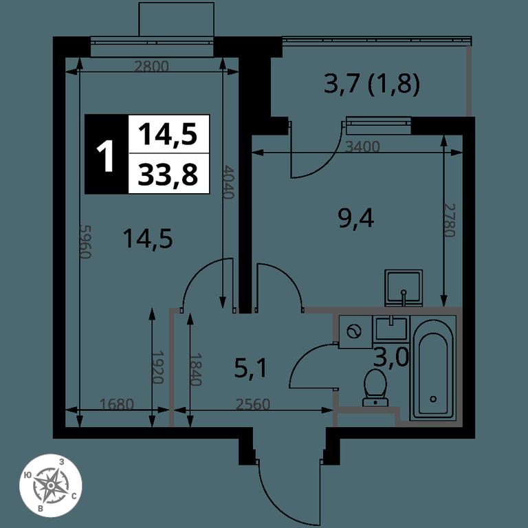 1-BD Apartment Sale, 33.8平方米 at Pervy Donskoj, zhiloy mikrorayon Sapronovo, derevnya Sapronovo, Leninskiy City District, Moscow Region, Russia #2